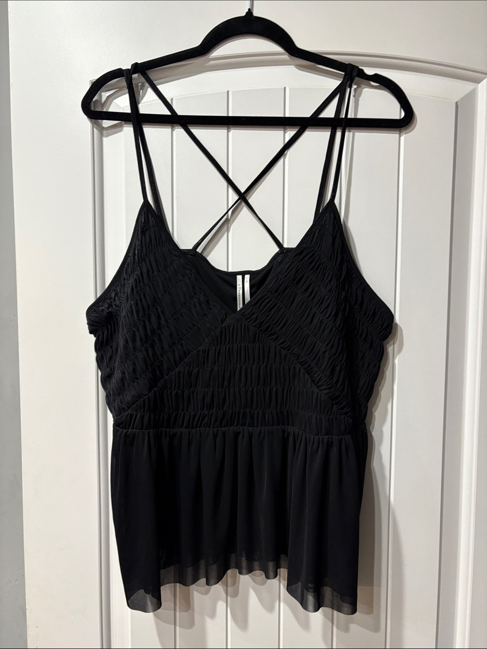 Anthropologie Black Smocked Peplum Cami with Crisscross Straps
